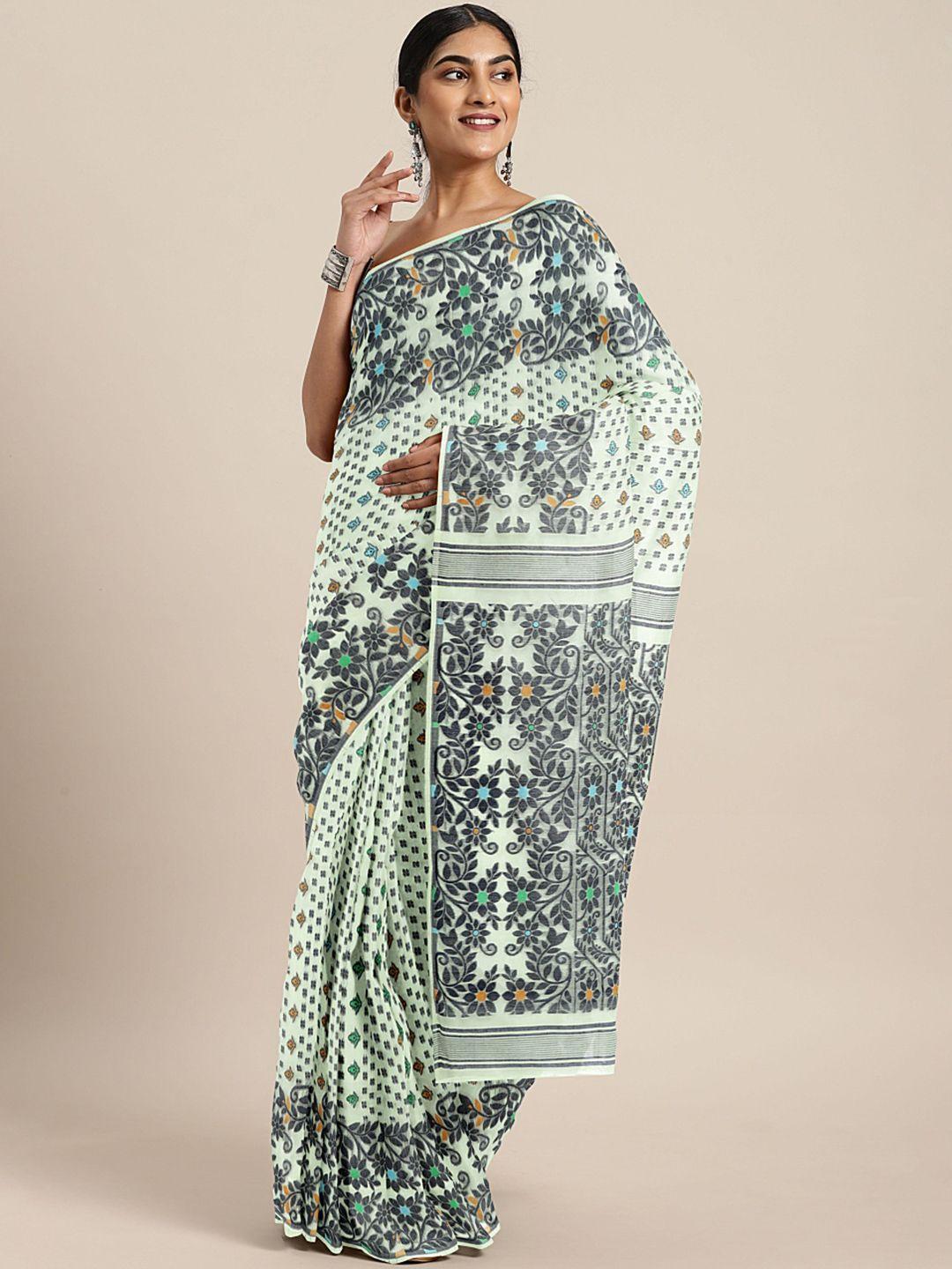 kalakari india grey & multicoloured ethnic motifs silk cotton jamdani saree