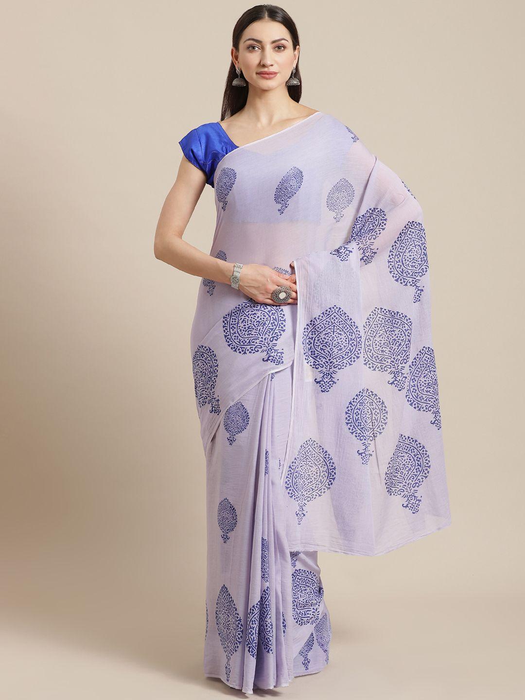 kalakari india lavender & blue pure cotton printed block print handloom sustainable saree