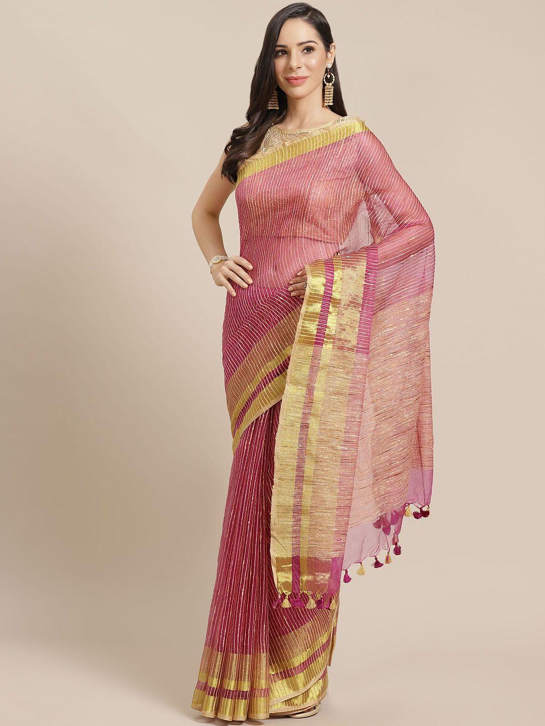 kalakari india magenta & gold-toned jute silk striped bhagalpuri saree