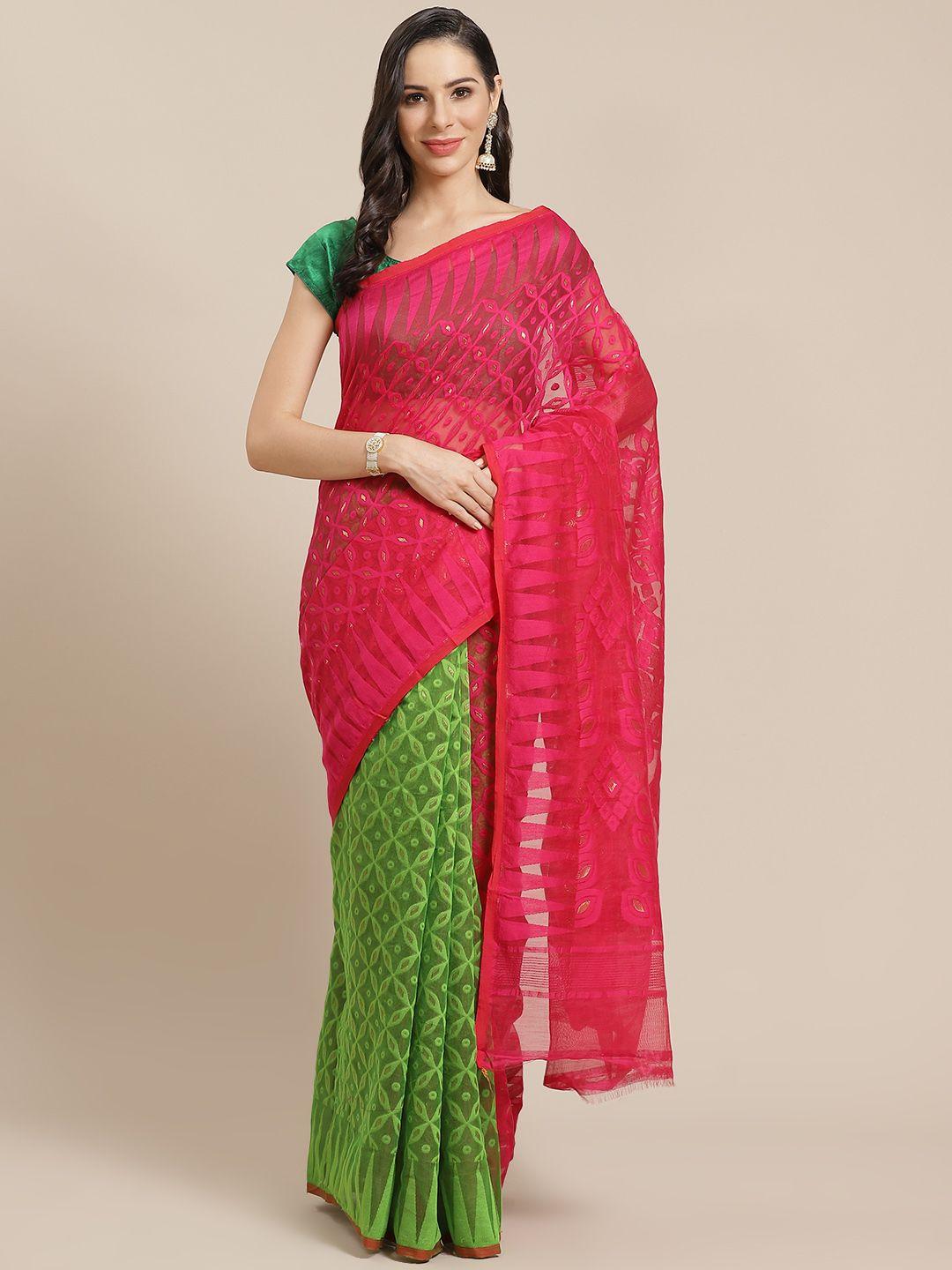 kalakari india magenta pink & green woven design jamdani handloom saree