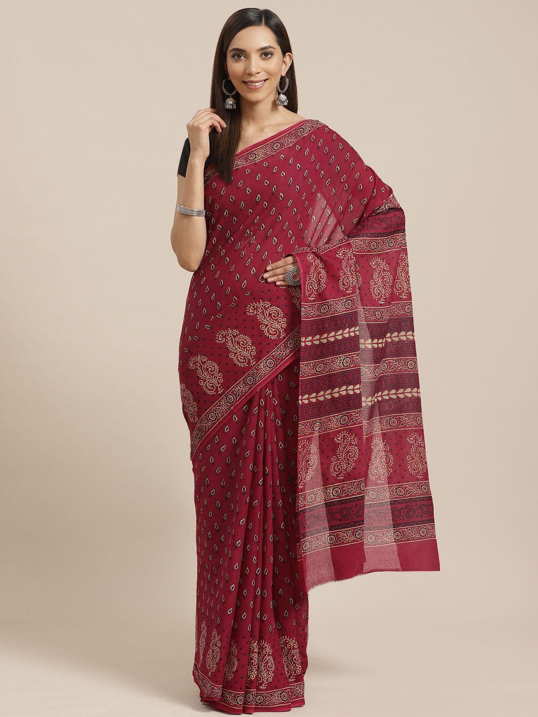 kalakari india maroon & beige pure cotton handloom block print saree