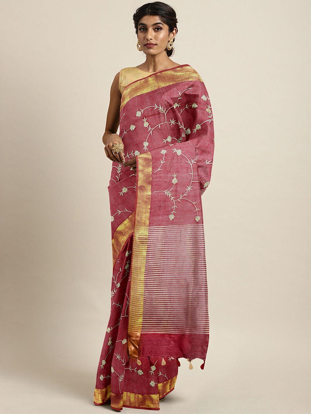 kalakari india maroon & golden floral embroidered silk blend saree