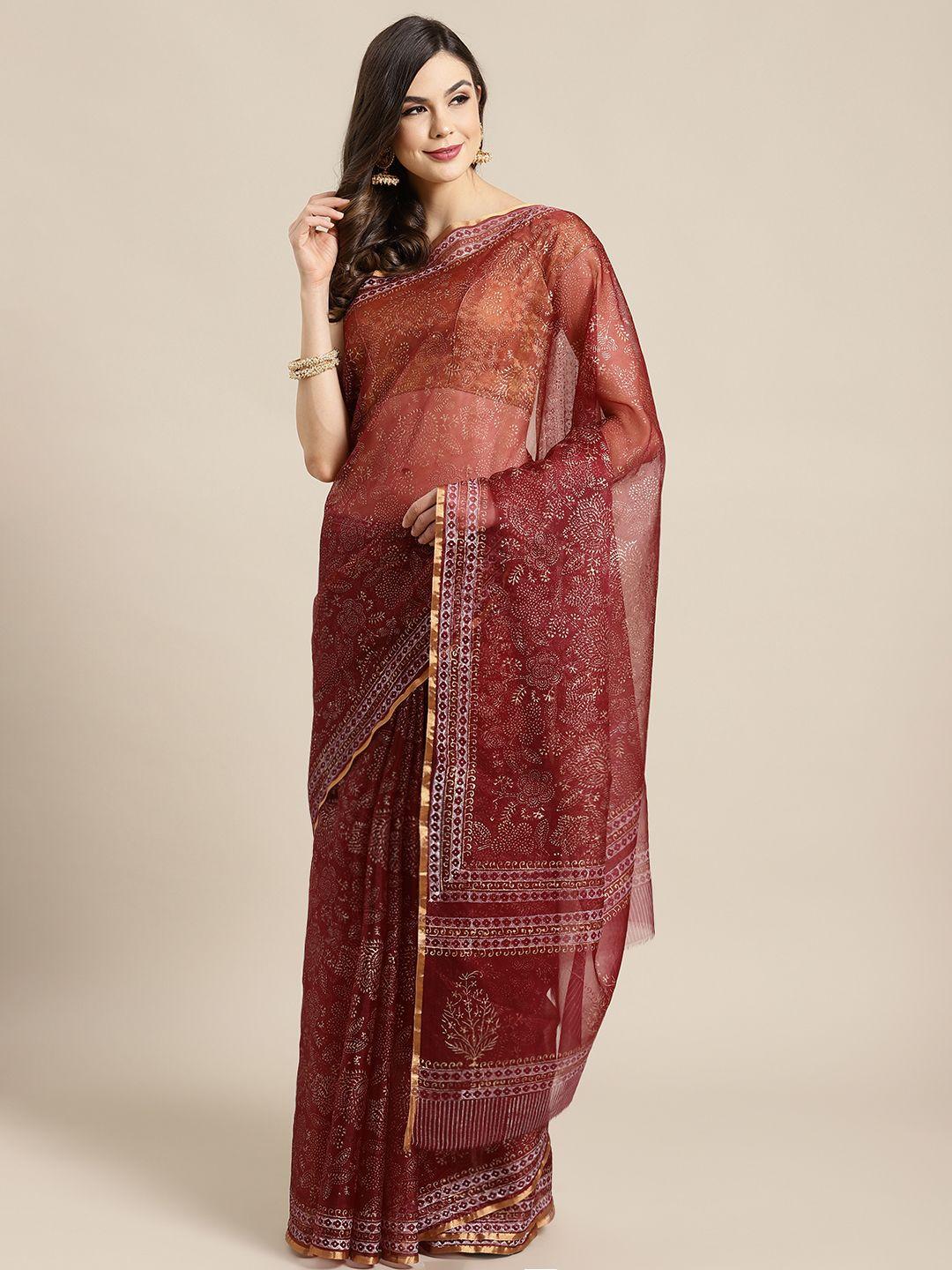 kalakari india maroon & golden printed bagru handloom saree