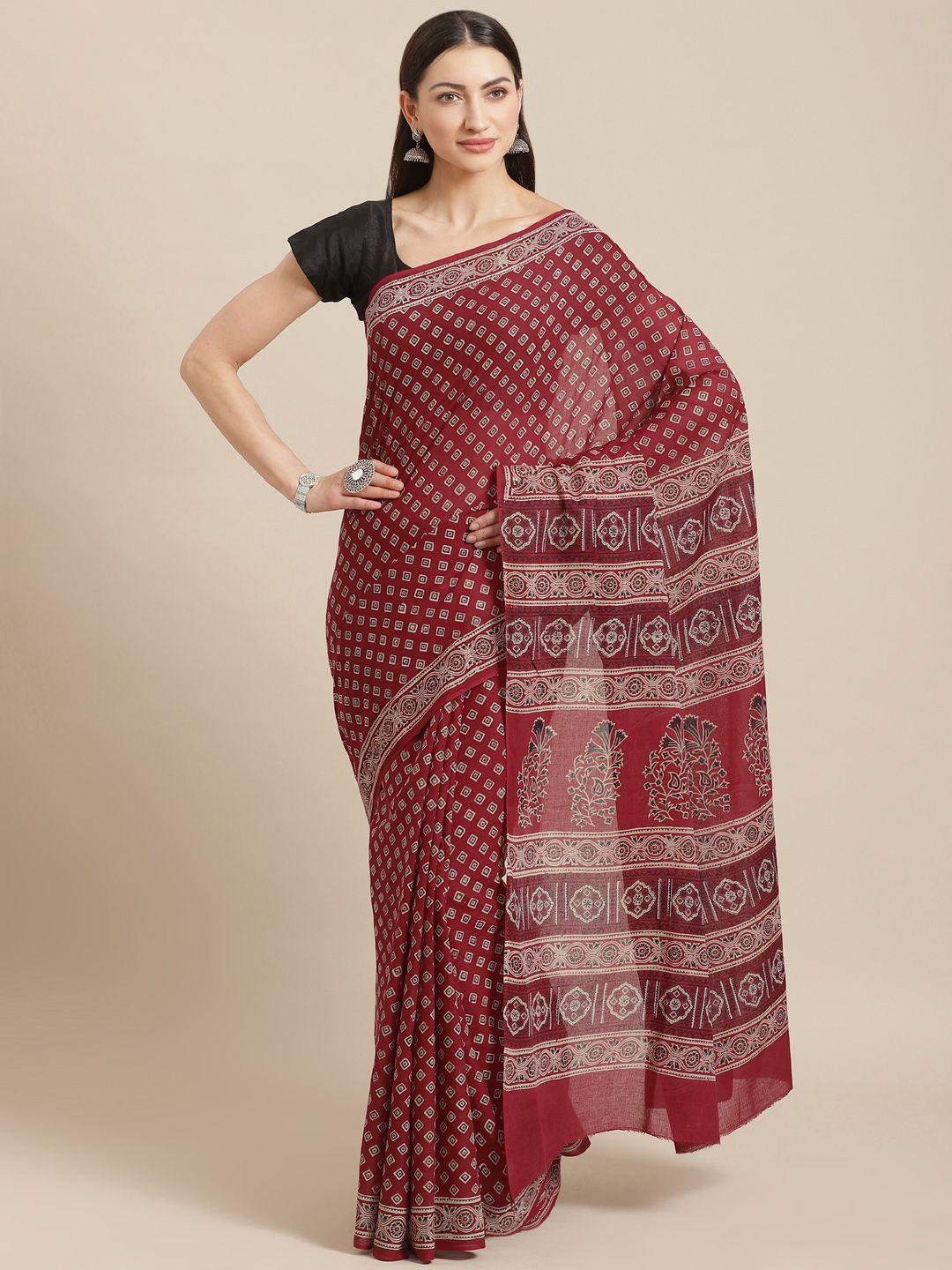 kalakari india maroon & grey pure cotton block print sustainable saree