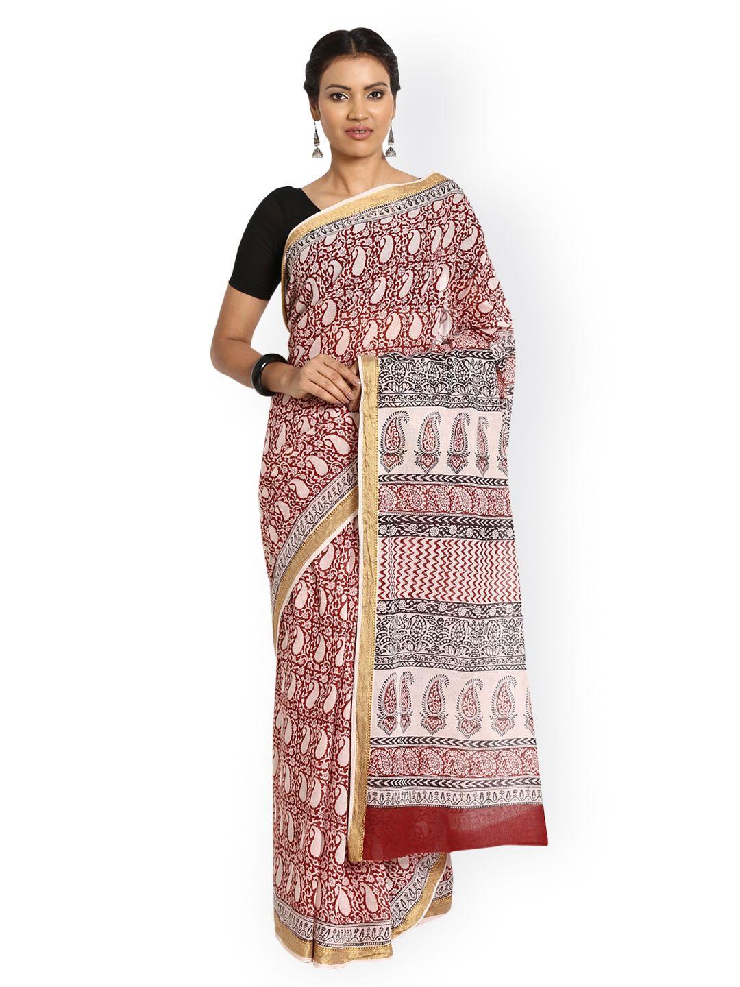 kalakari india maroon bagh handblock print handcrafted cotton sustainable saree