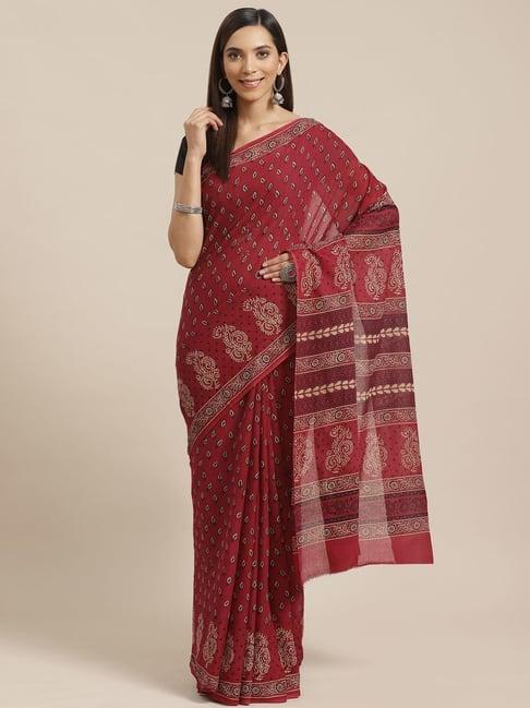 kalakari india maroon cotton printed saree with unstitched blouse