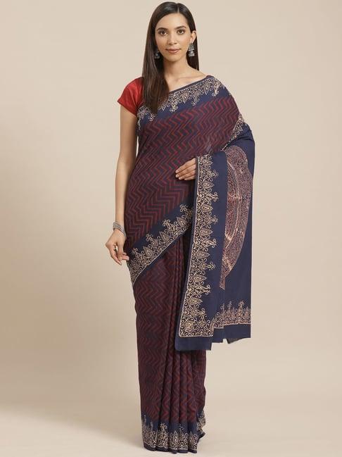 kalakari india navy & red cotton silk aztec print saree with unstitched blouse