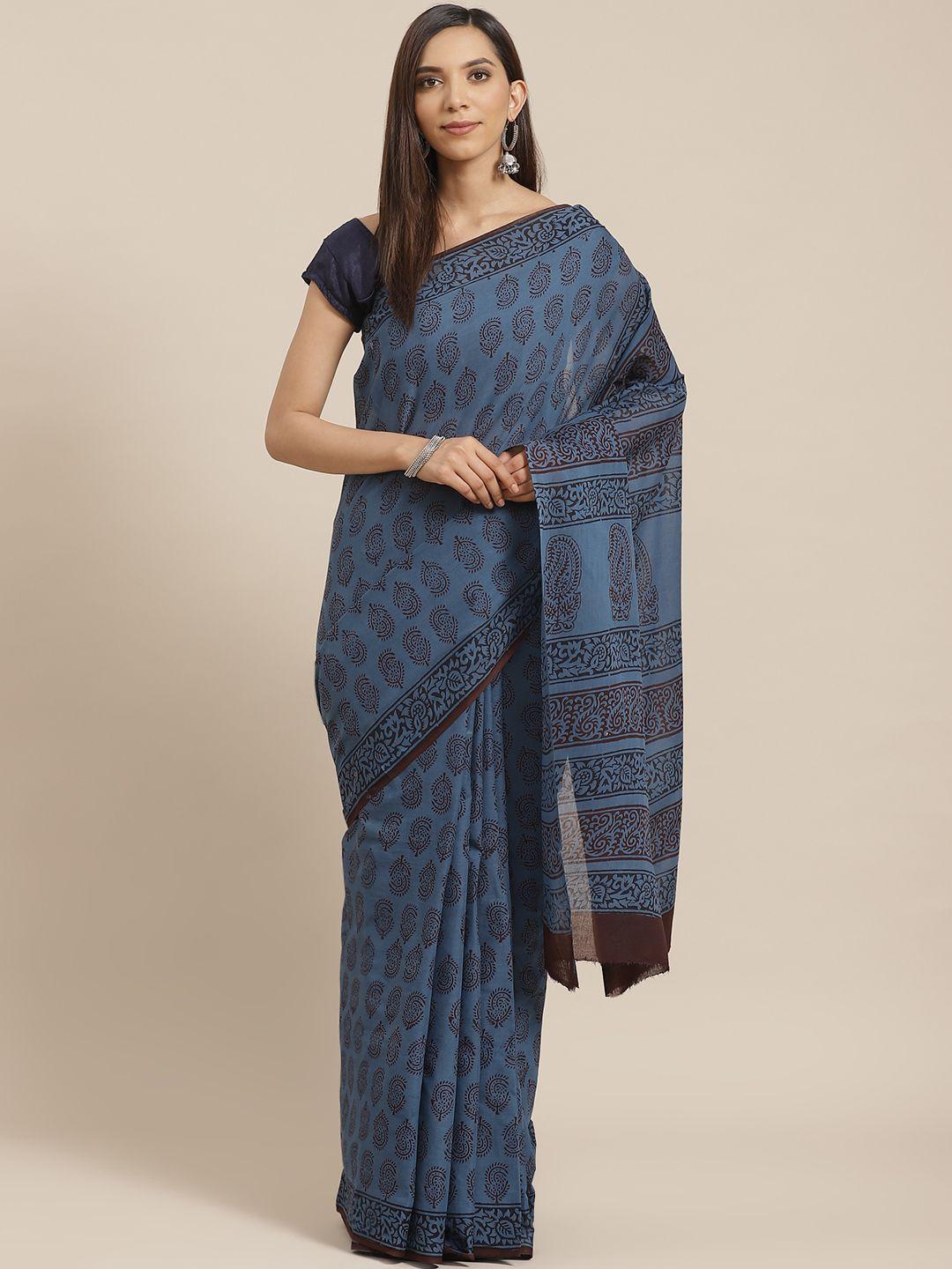 kalakari india navy blue & brown pure cotton dabu block print sustainable saree