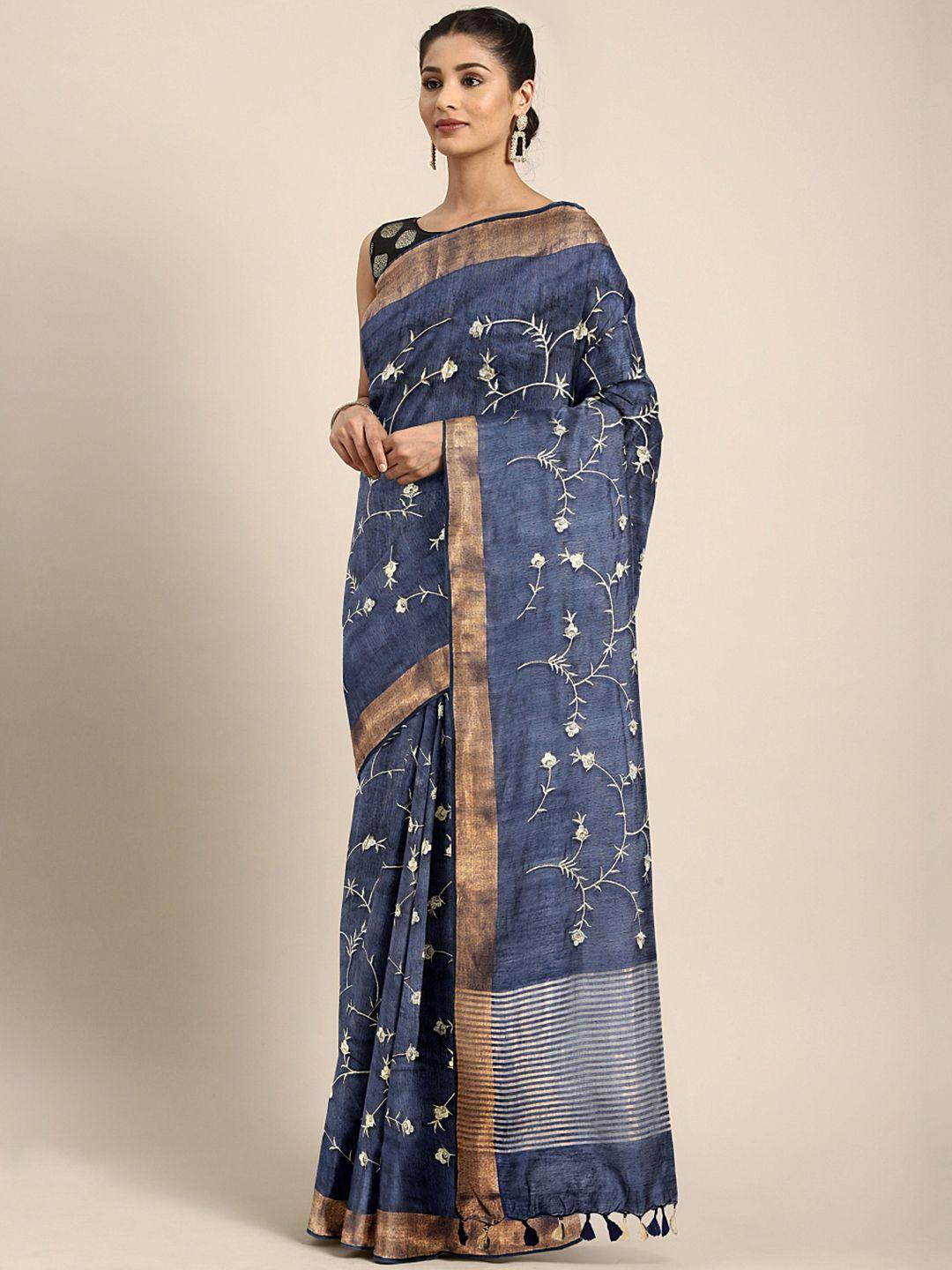 kalakari india navy blue & golden floral embroidered silk blend saree