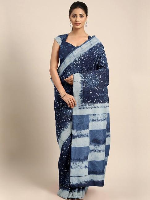 kalakari india navy cotton printed saree with unstitched blouse