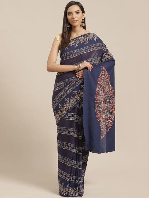 kalakari india navy cotton printed saree with unstitched blouse