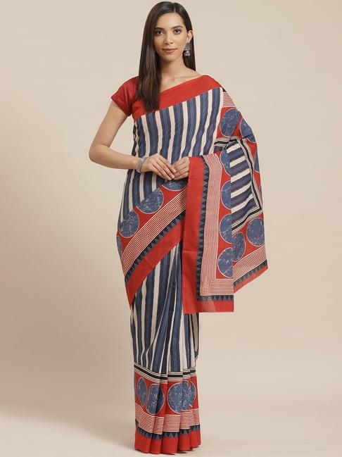 kalakari india off-white & blue cotton striped saree with unstitched blouse