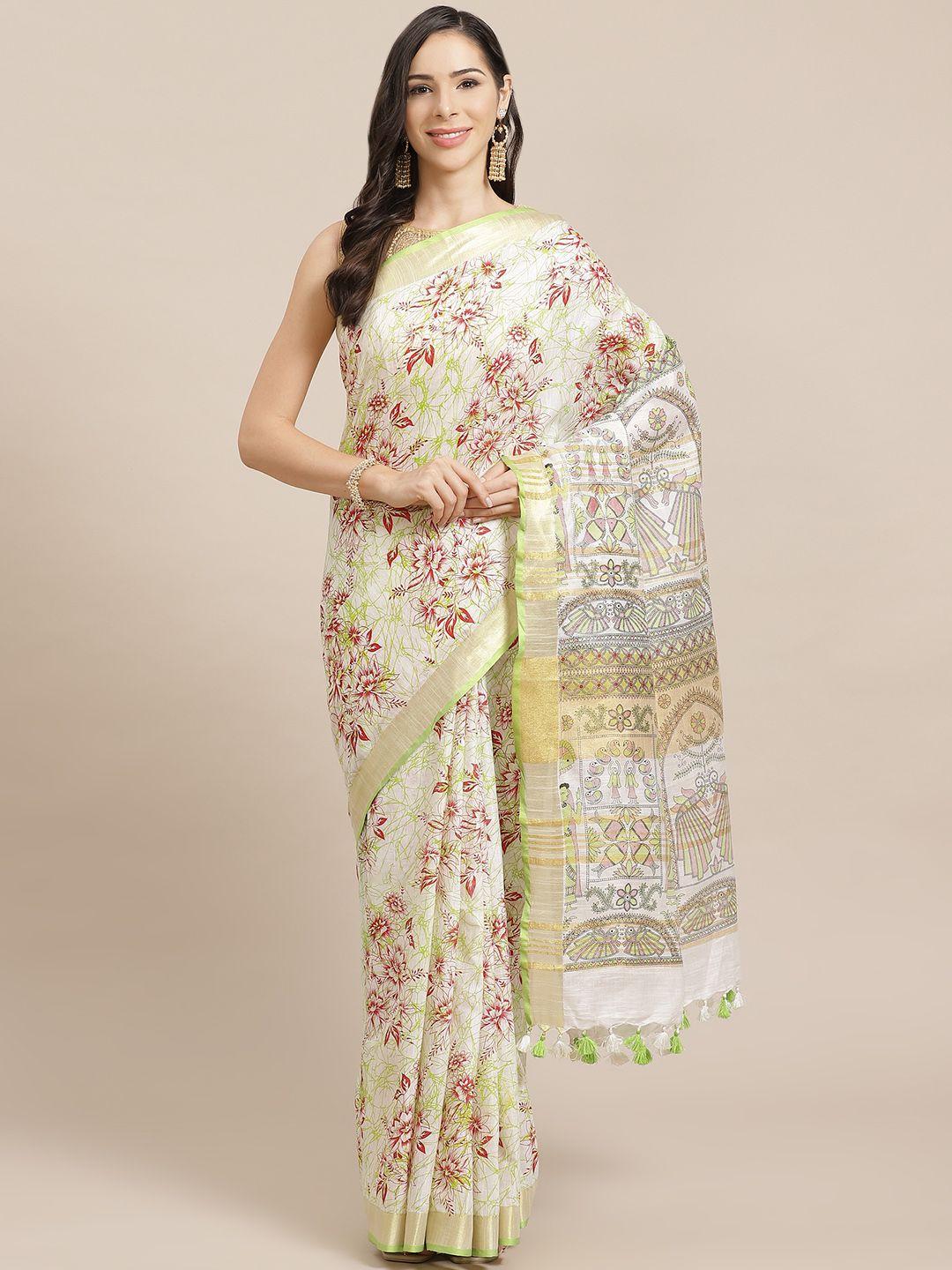 kalakari india off-white & green kalamkari print handloom bhagalpuri saree