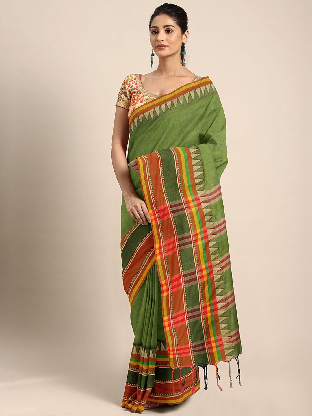 kalakari india olive green & orange woven design kutchi embroidery pure cotton jamdani saree