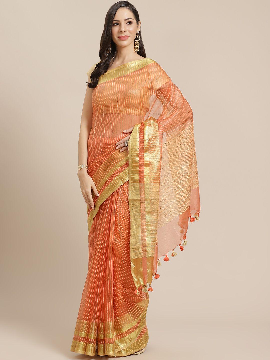 kalakari india orange & golden striped bhagalpuri handloom saree