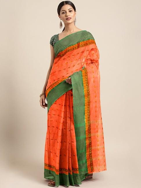 kalakari india orange & green cotton woven saree with unstitched blouse