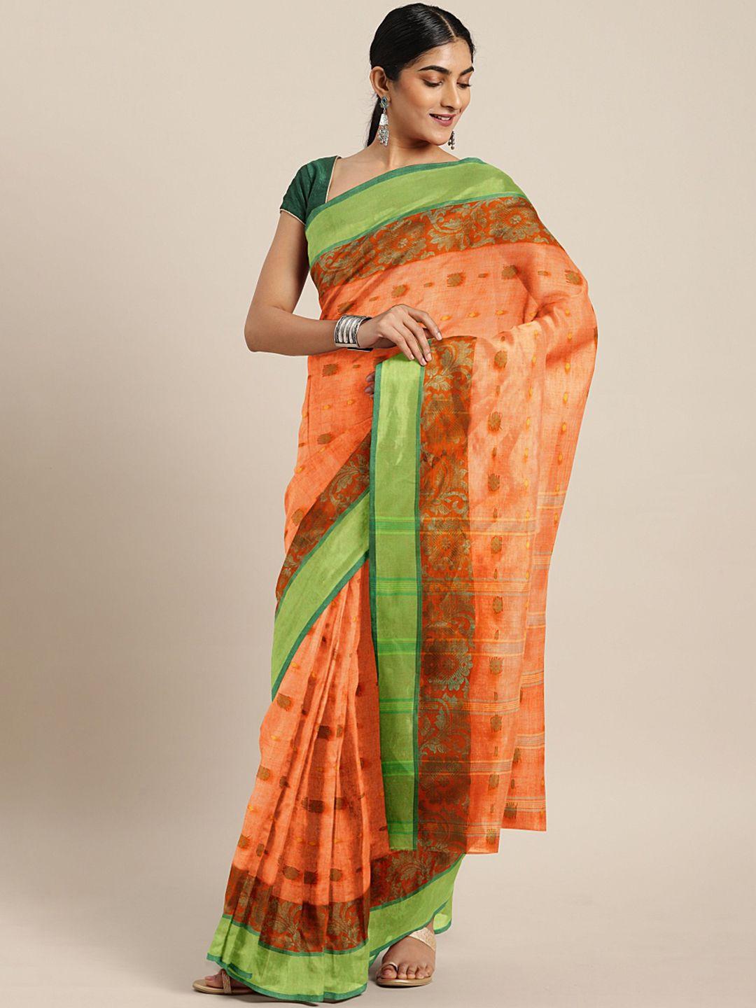 kalakari india orange & green woven design silk cotton taant saree