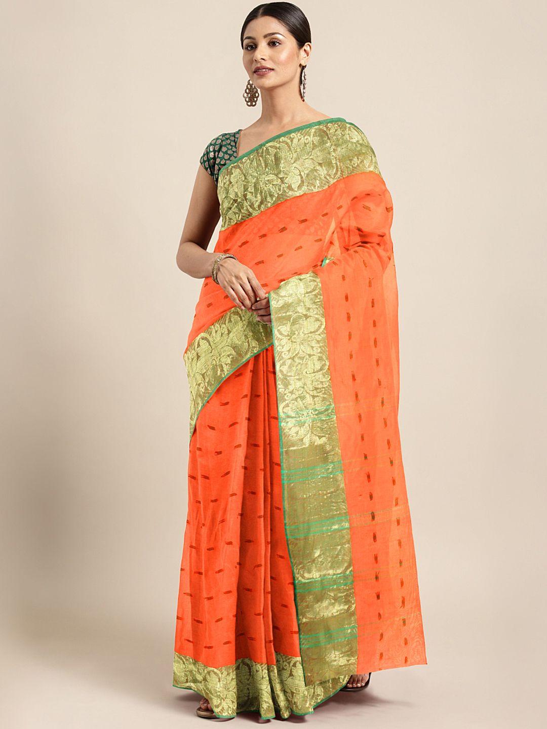 kalakari india orange woven design zari silk cotton taant saree