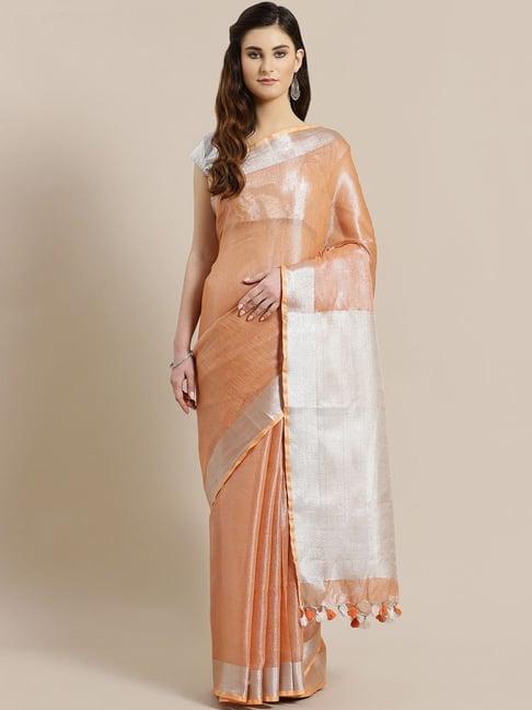 kalakari india peach & silver saree with unstitched blouse