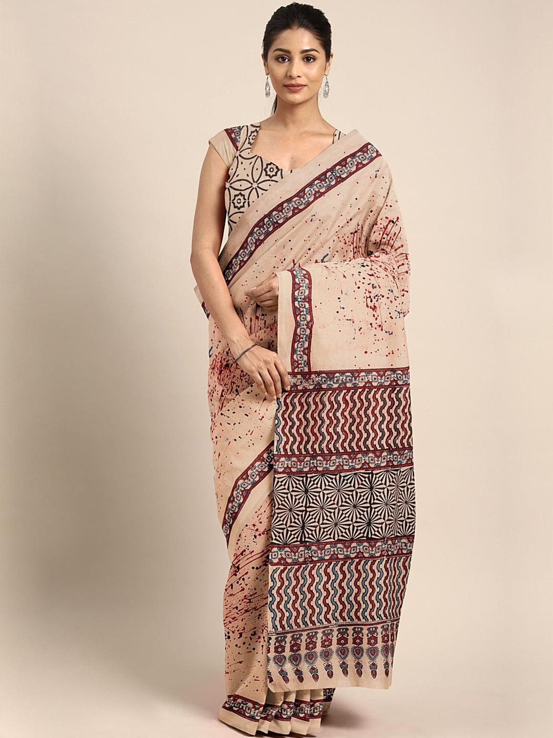 kalakari india peach-coloured & brown ethnic motifs pure cotton block print saree