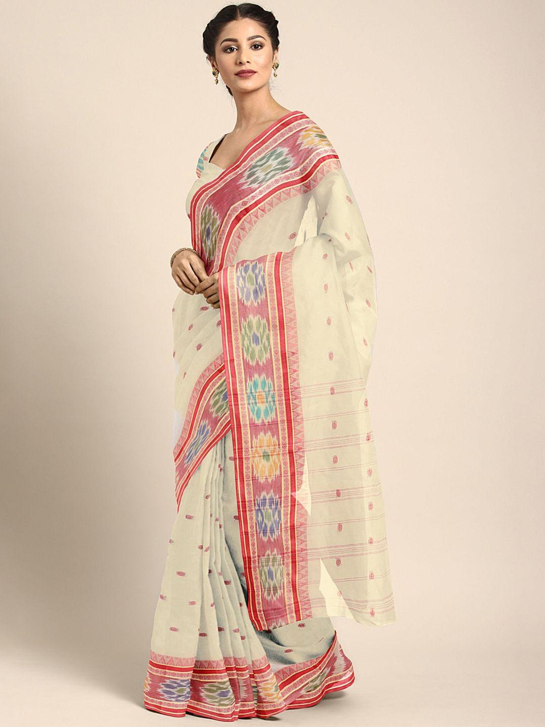 kalakari india peach-coloured & cream-coloured woven design silk cotton taant saree