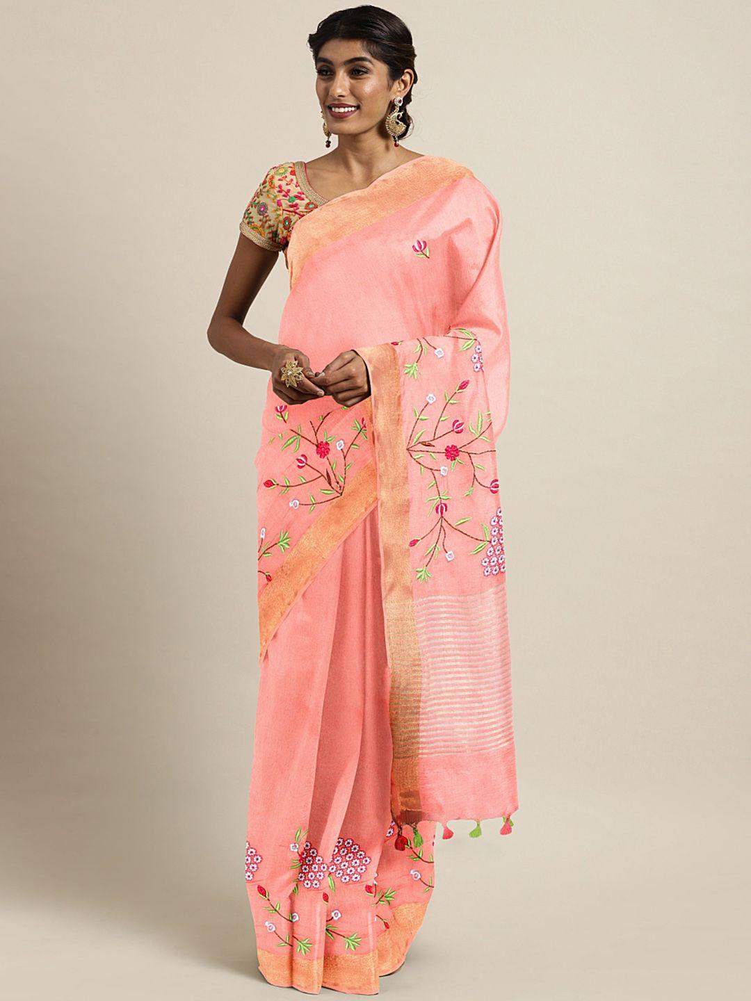 kalakari india peach-coloured & green floral embroidered silk blend saree