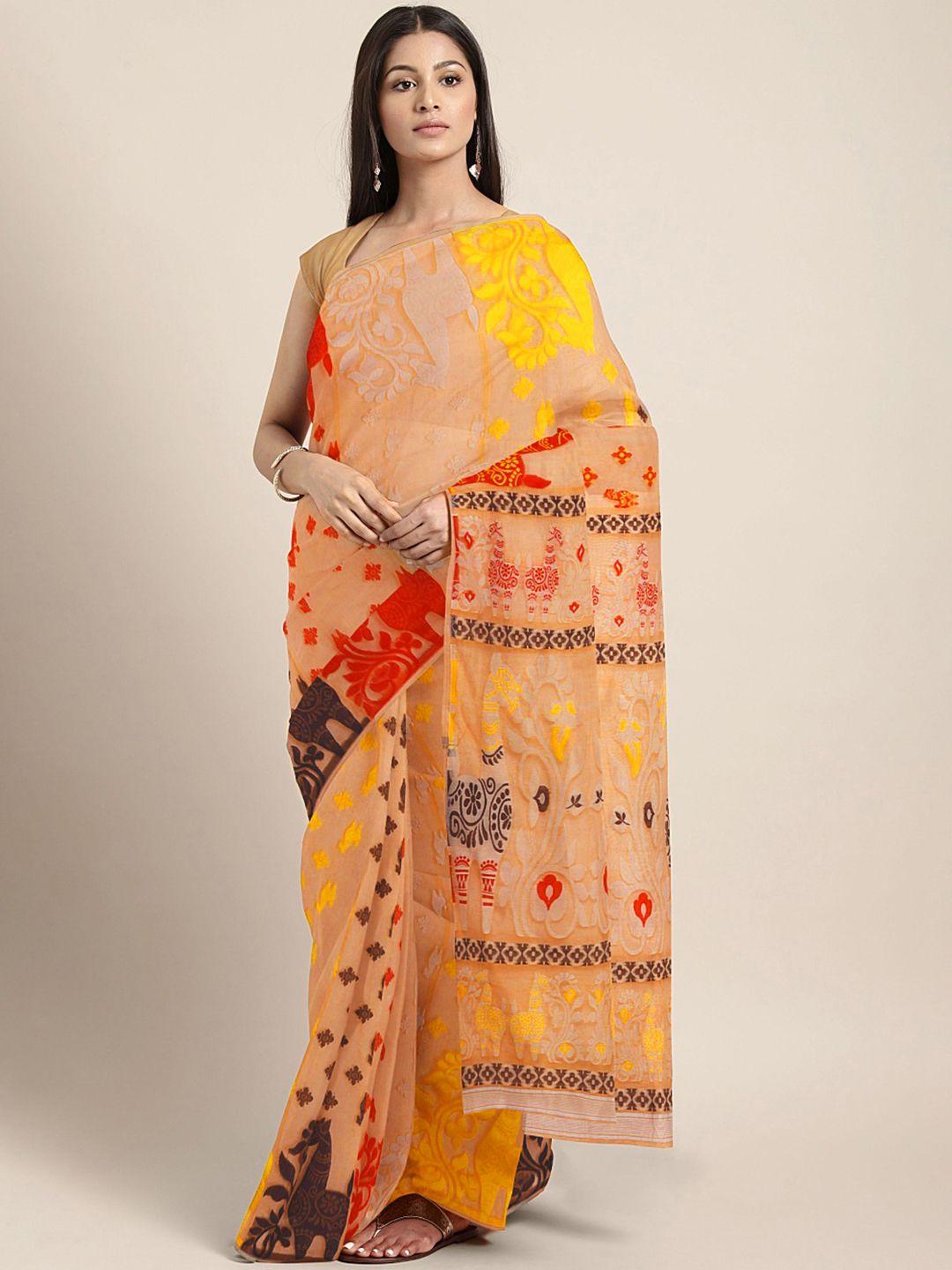 kalakari india peach-coloured & yellow woven design silk cotton jamdani saree