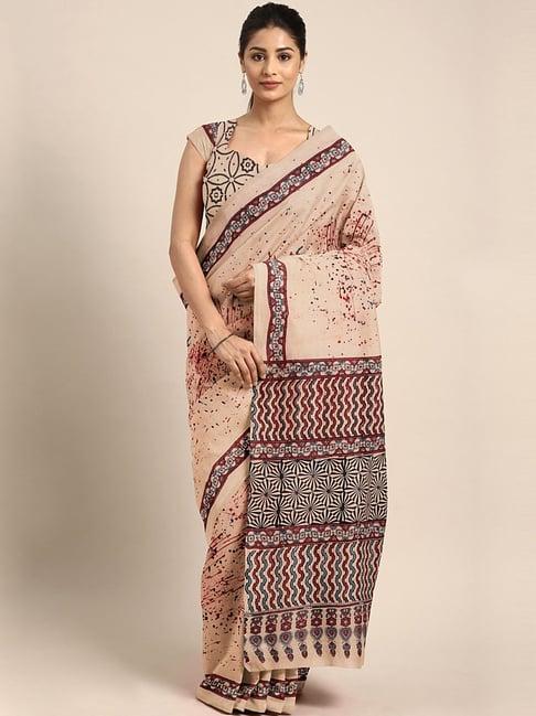 kalakari india peach cotton ajrakh print saree with unstitched blouse