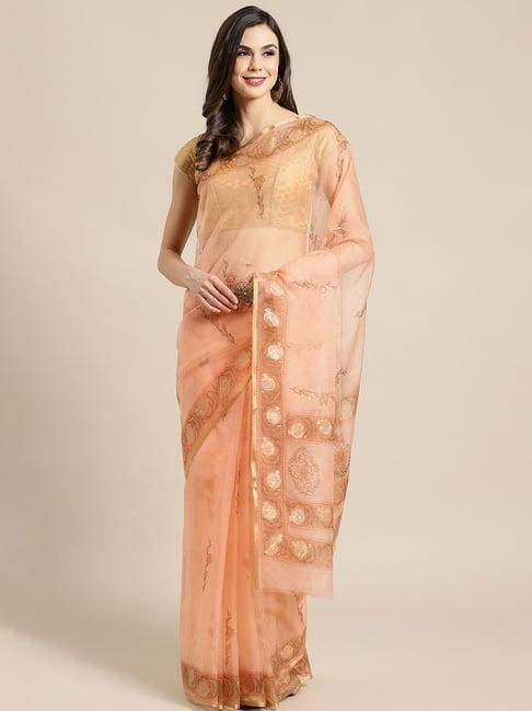 kalakari india peach printed saree with unstitched blouse