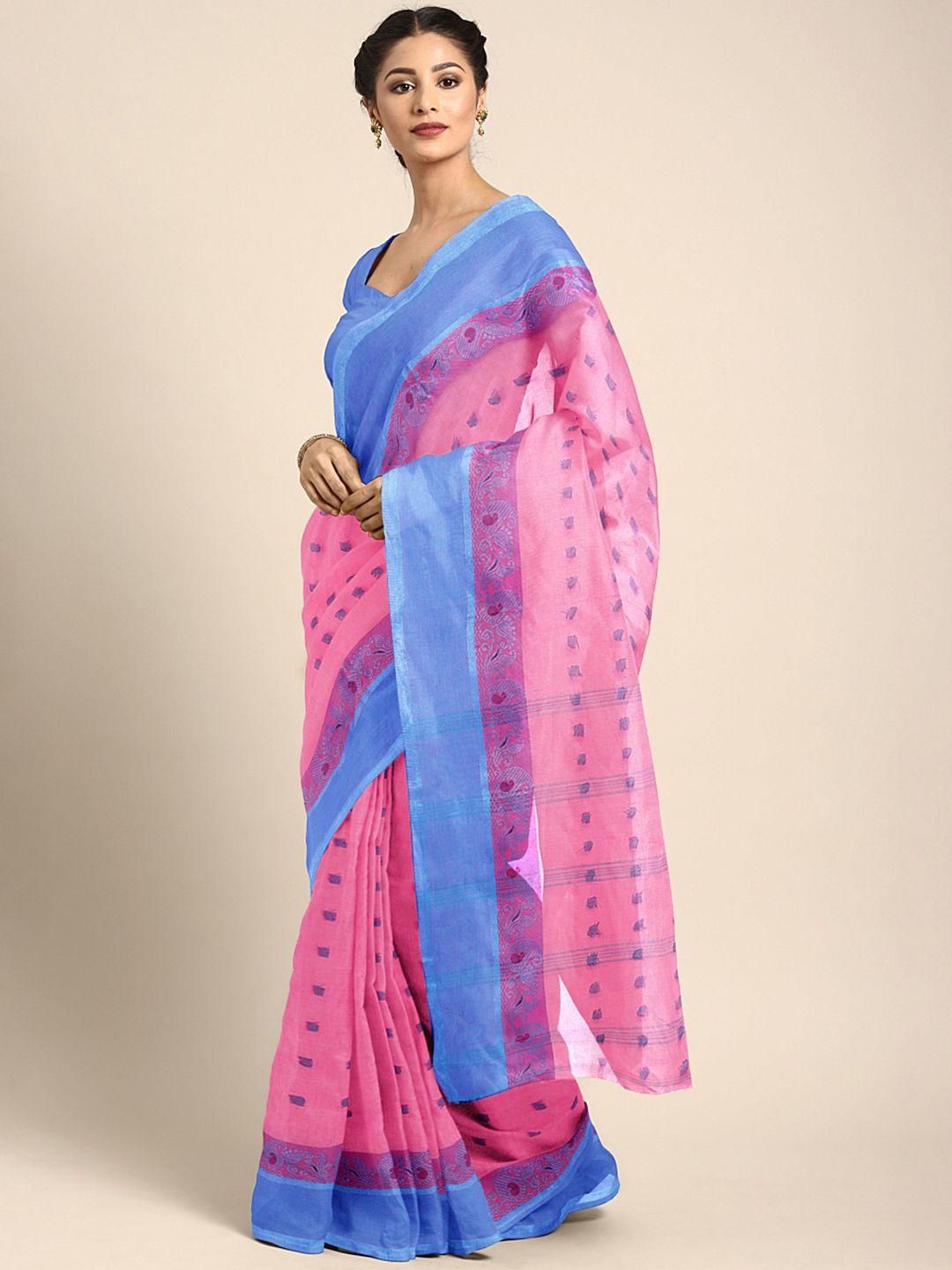 kalakari india pink & blue woven design silk cotton taant saree