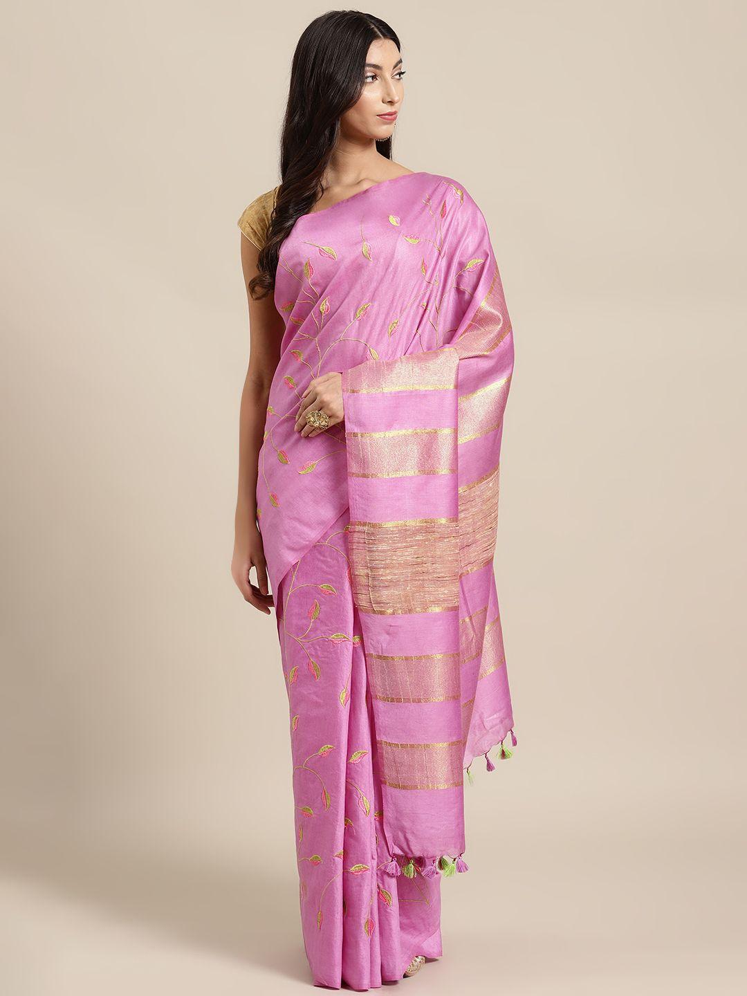 kalakari india pink & golden silk blend embroidered bhagalpuri saree