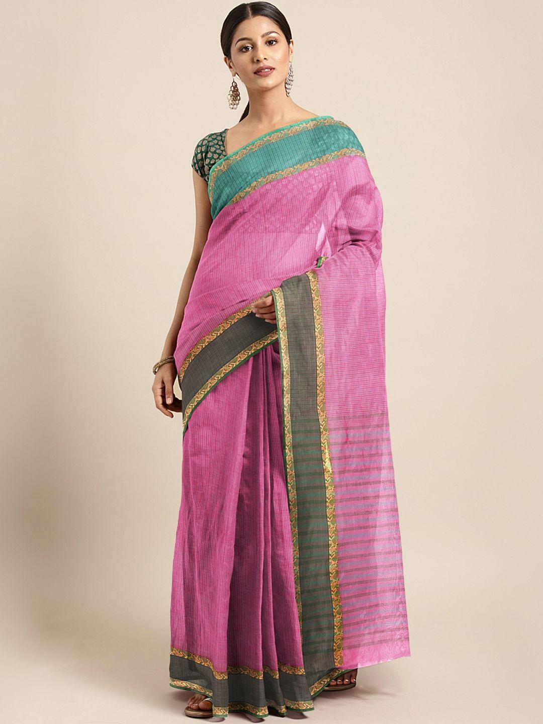 kalakari india pink & multicoloured woven design silk cotton taant saree