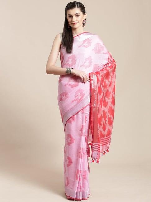 kalakari india pink & peach linen printed saree with unstitched blouse