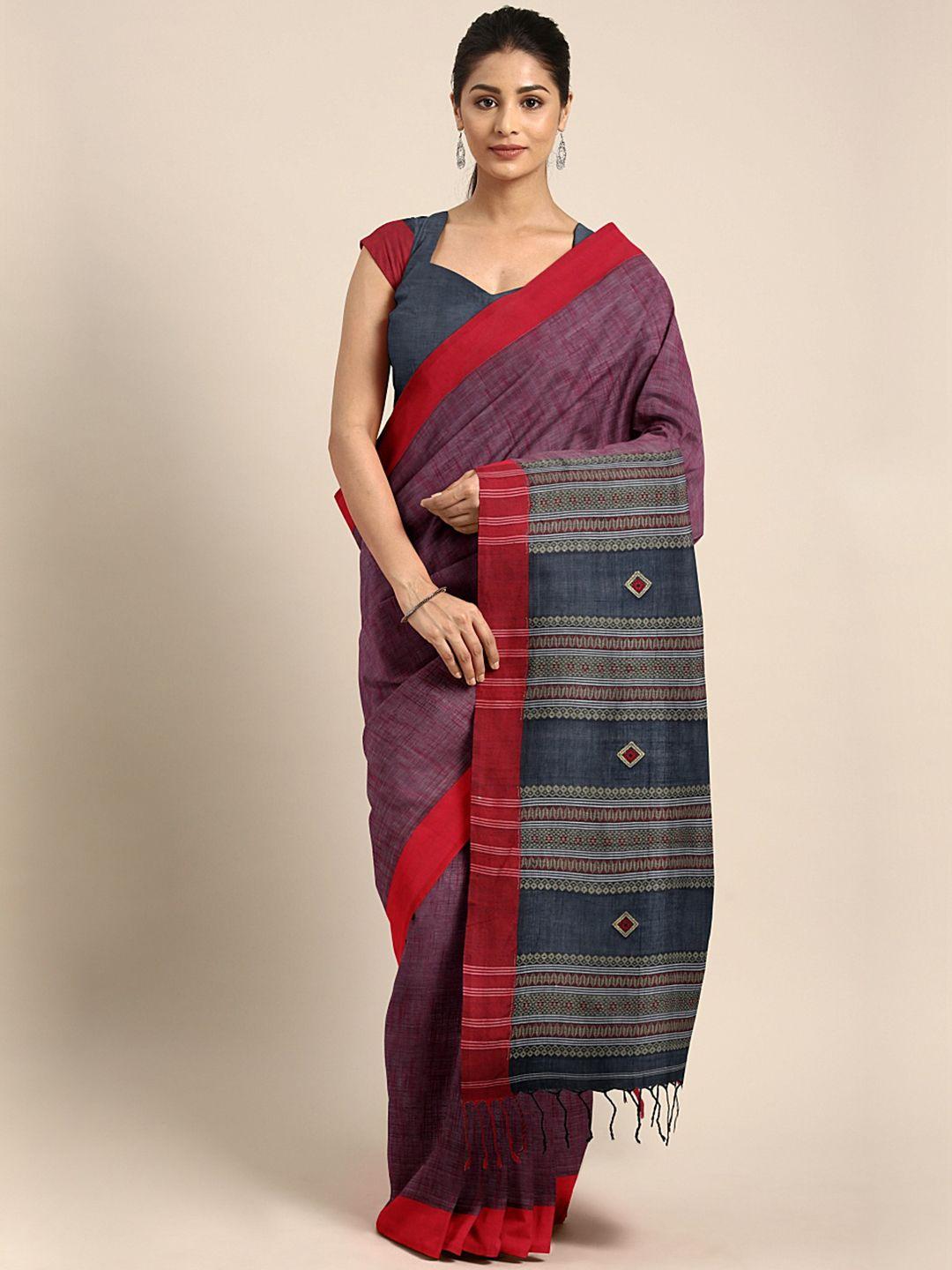 kalakari india purple & red woven design kutchi embroidery pure cotton jamdani saree