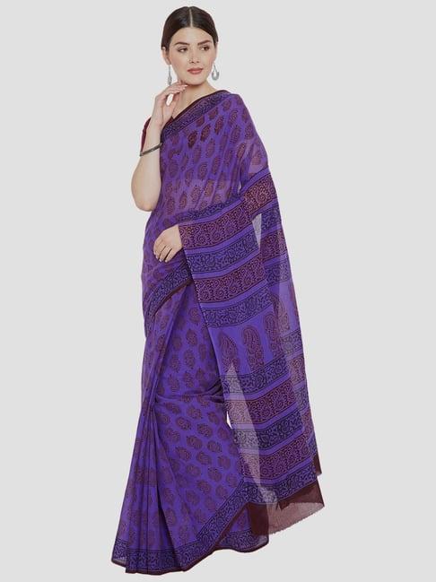 kalakari india purple cotton printed saree with unstitched blouse