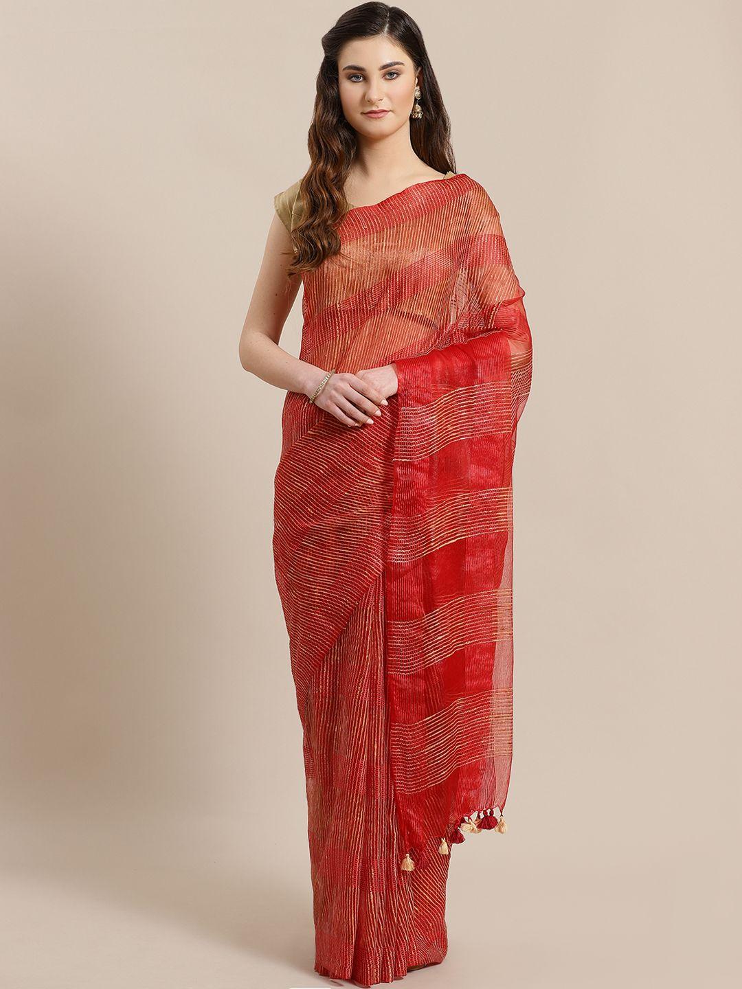 kalakari india red & beige self-checked handwoven sustainable saree