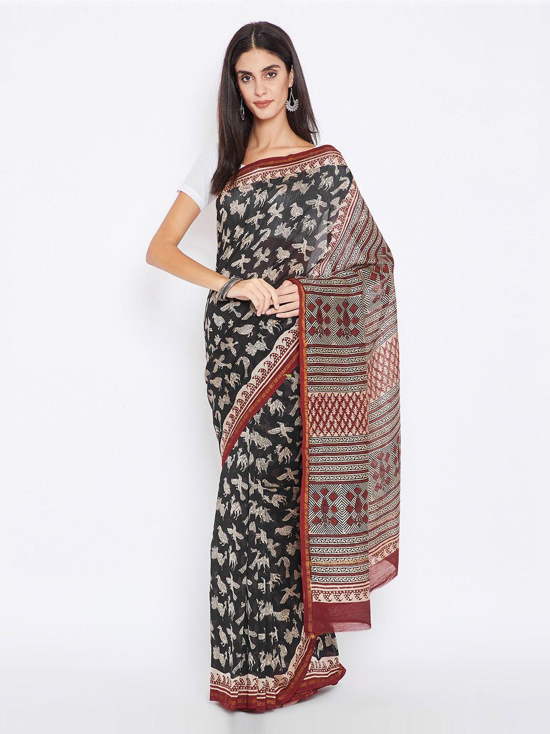 kalakari india red & black silk cotton printed chanderi handloom sustainable saree