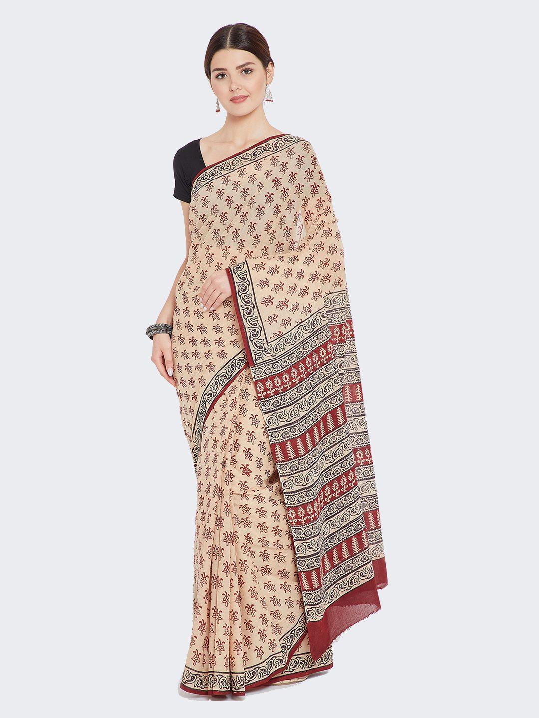 kalakari india red & cream bagh hand block print handcrafted cotton sustainable saree