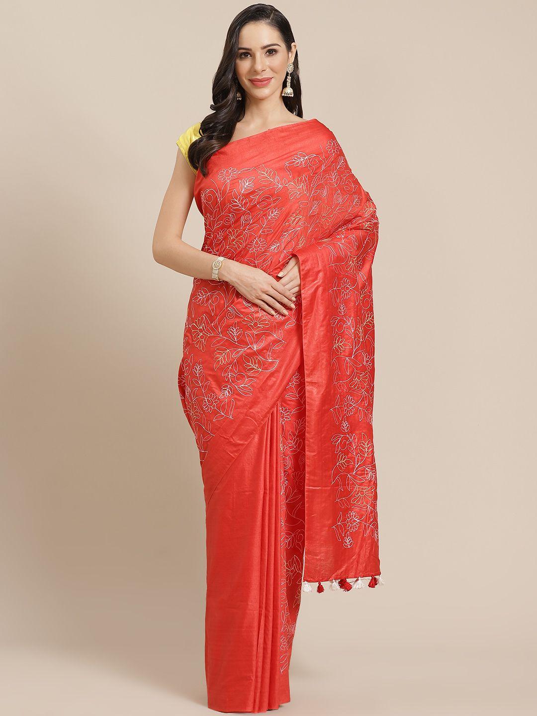 kalakari india red & cream-coloured embroidered bhagalpuri handloom saree