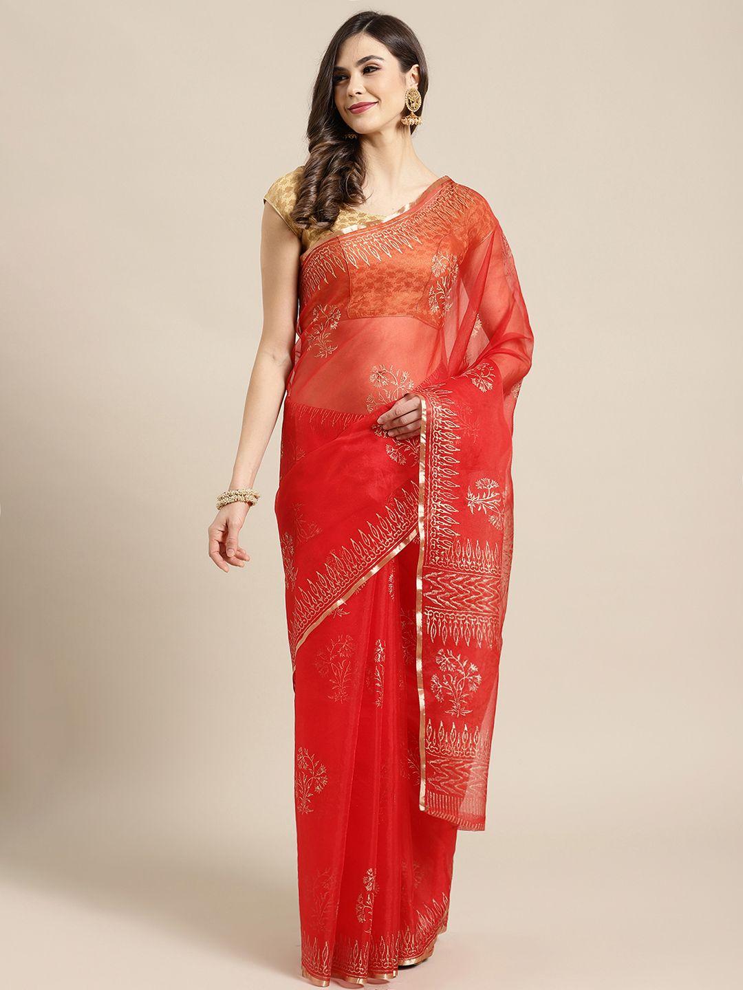 kalakari india red & golden printed bagru handloom saree