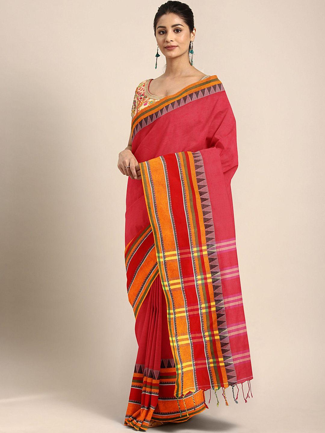 kalakari india red & mustard woven design kutchi embroidery pure cotton jamdani saree