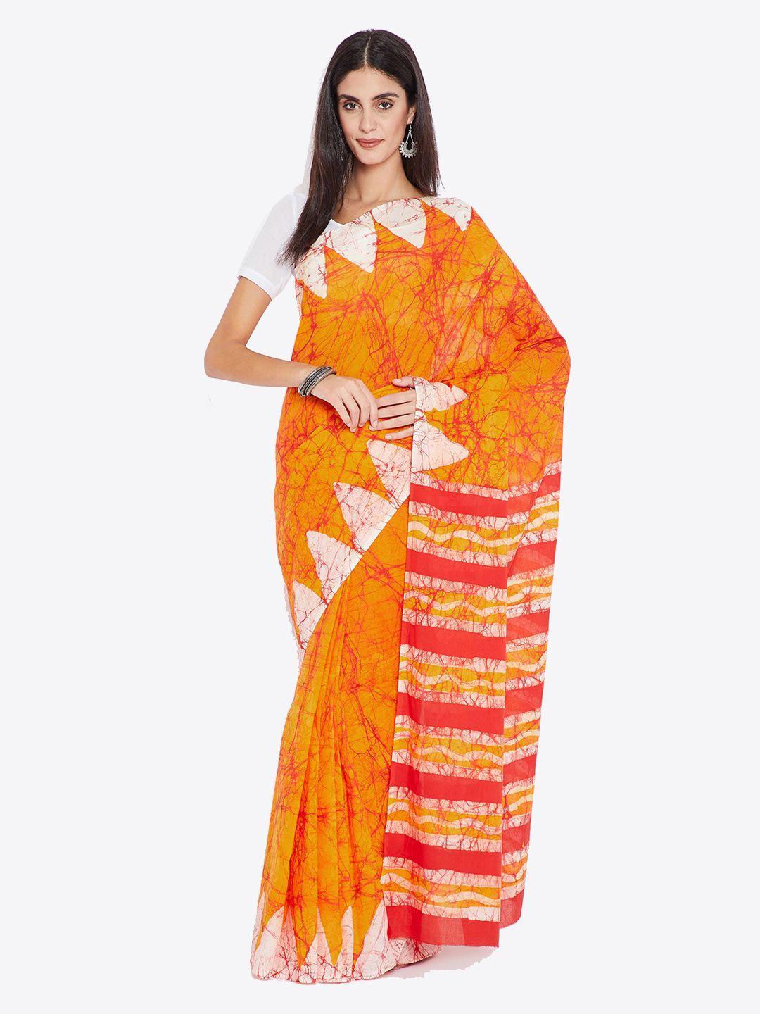 kalakari india red & orange pure cotton dyed sustainable saree