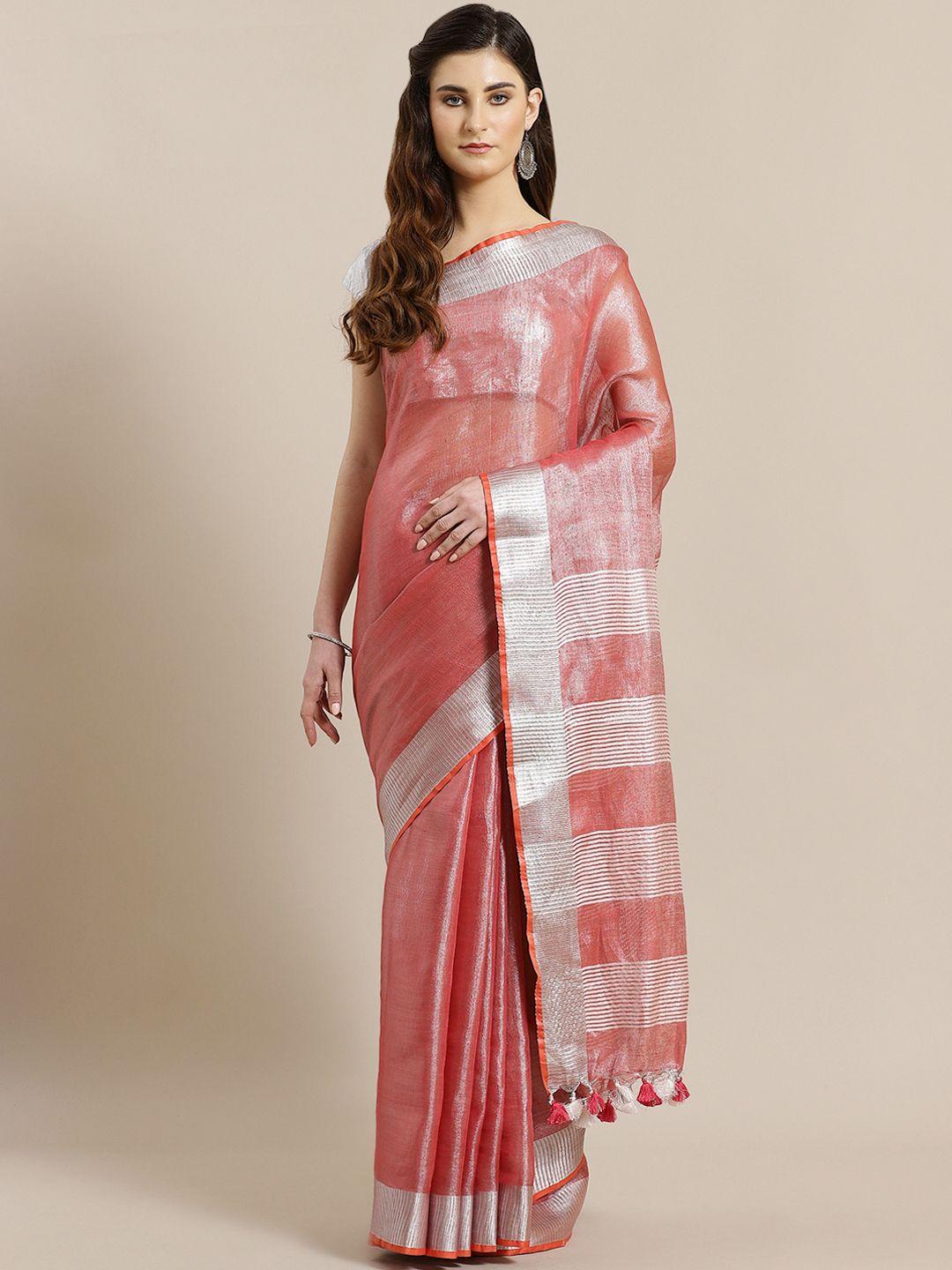 kalakari india red & silver zari handwoven solid sustainable saree