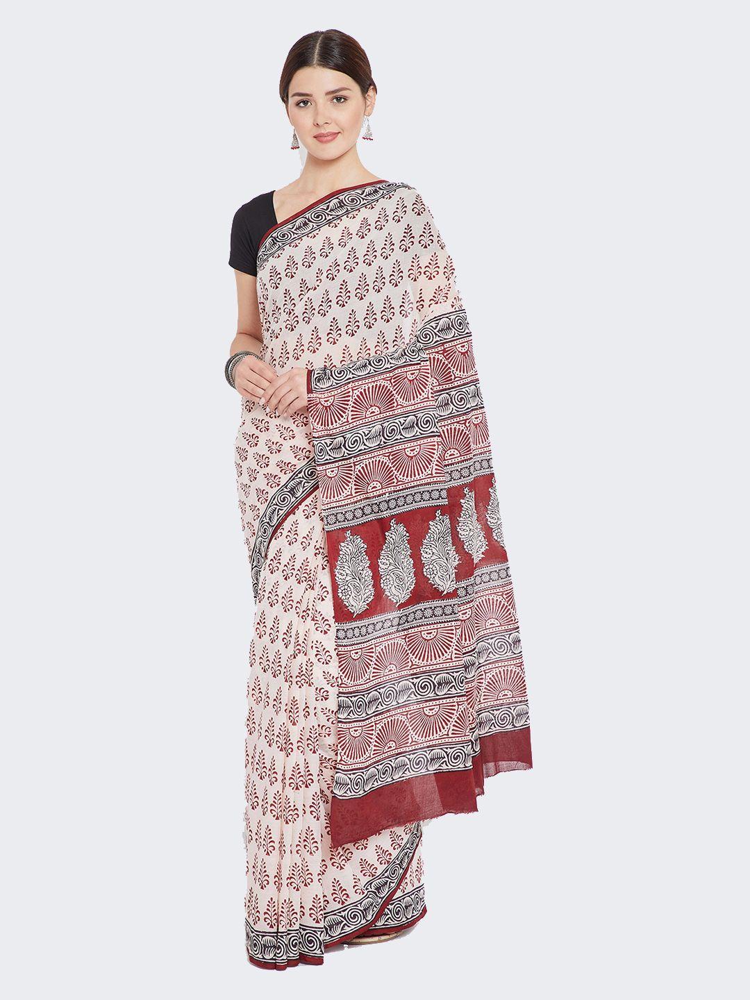 kalakari india red & white bagh hand block print handcrafted cotton sustainable saree