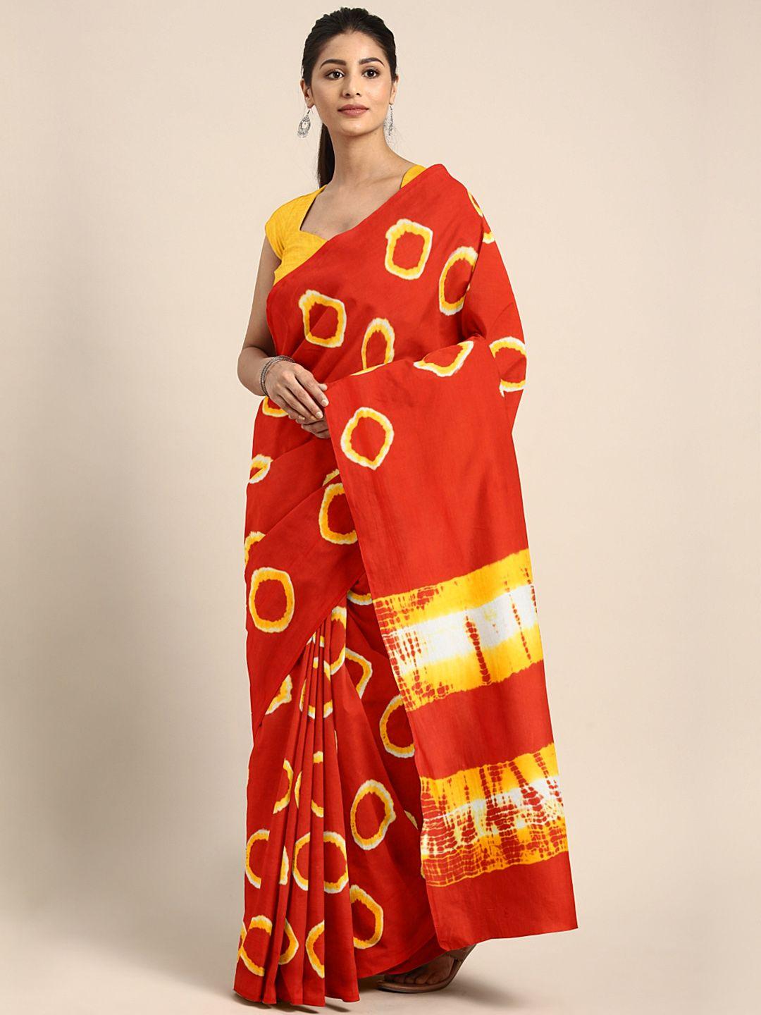 kalakari india red & yellow handblock print sustainable saree