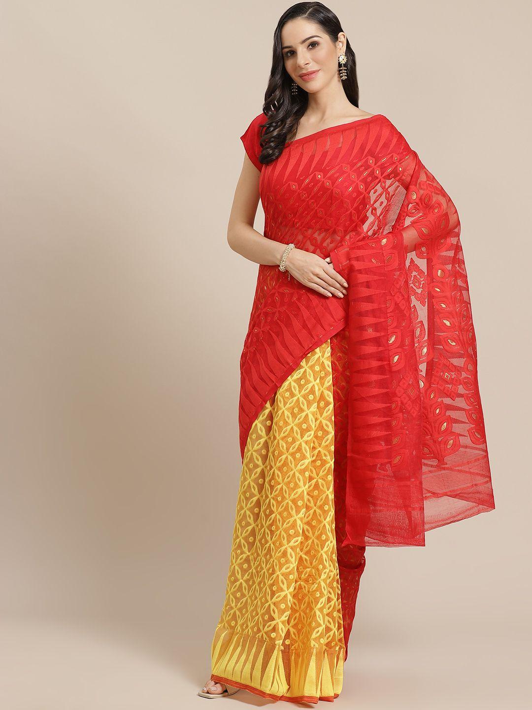 kalakari india red & yellow woven design jamdani handloom saree