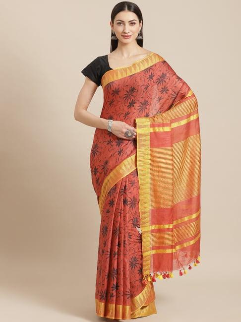 kalakari india red linen woven saree with unstitched blouse