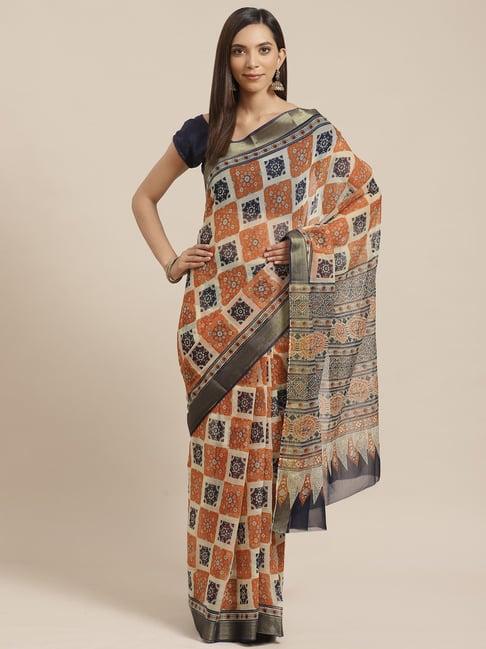 kalakari india rust & cream printed saree with unstitched blouse