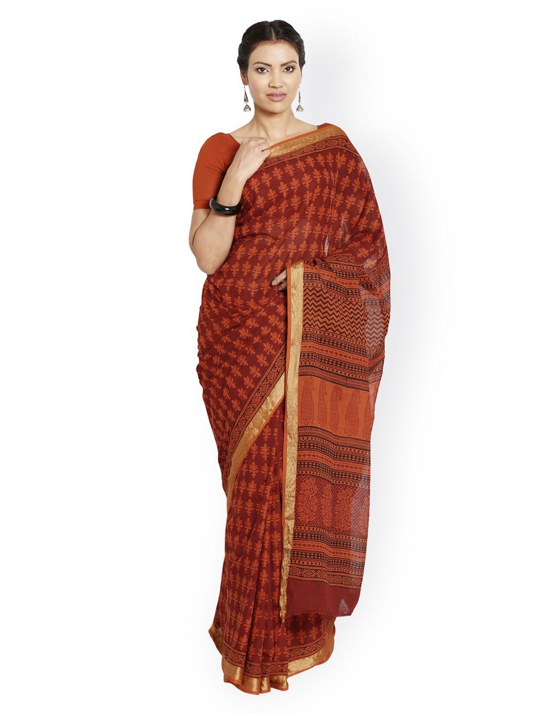 kalakari india rust orange bagh handblock print handcrafted cotton sustainable saree