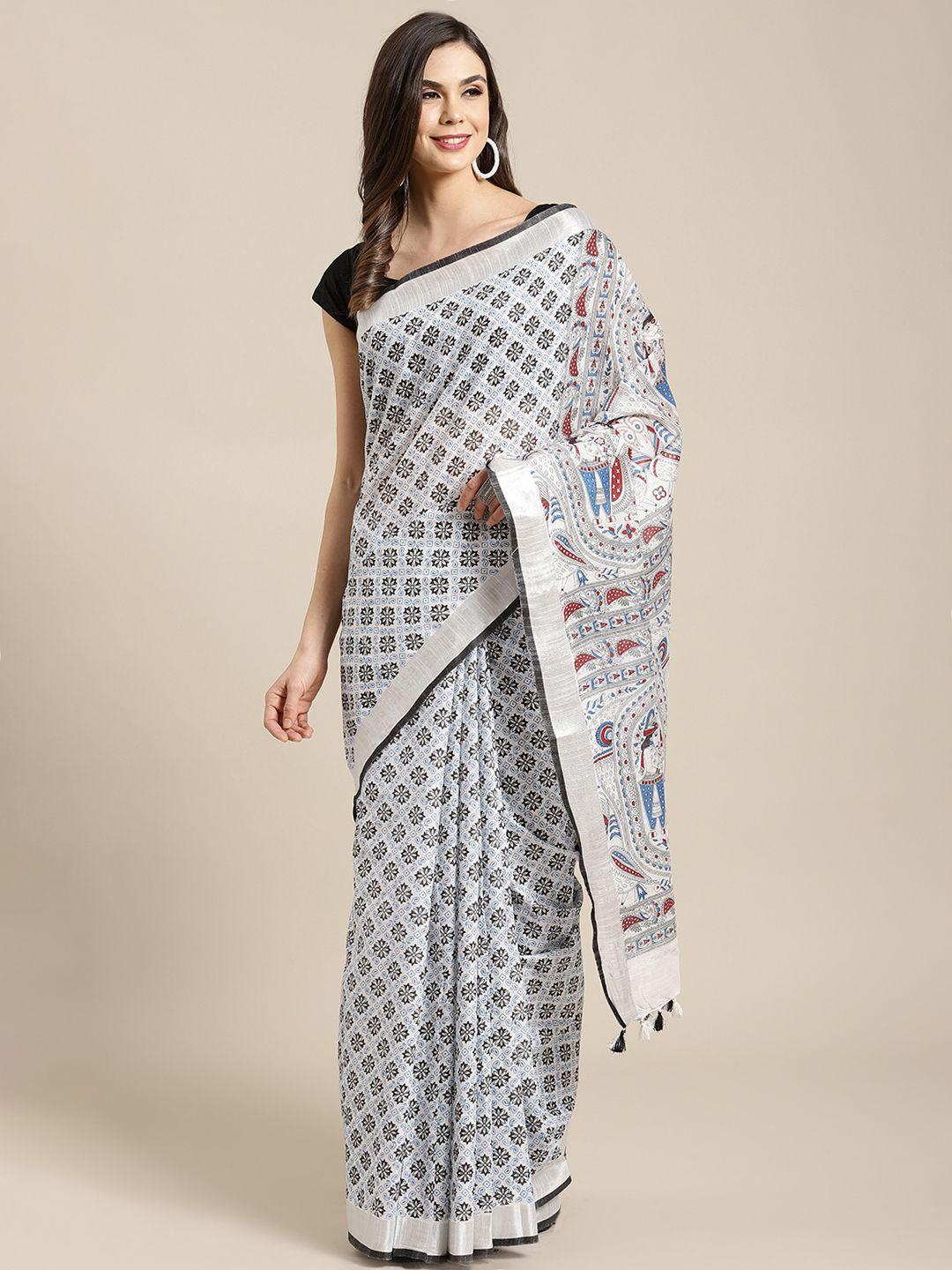 kalakari india white & blue printed bhagalpuri handloom saree